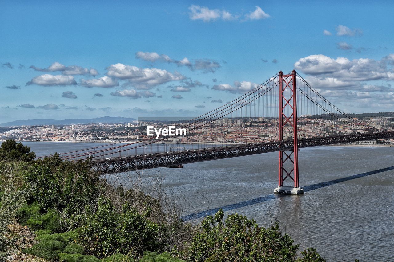 View of suspension bridge over river