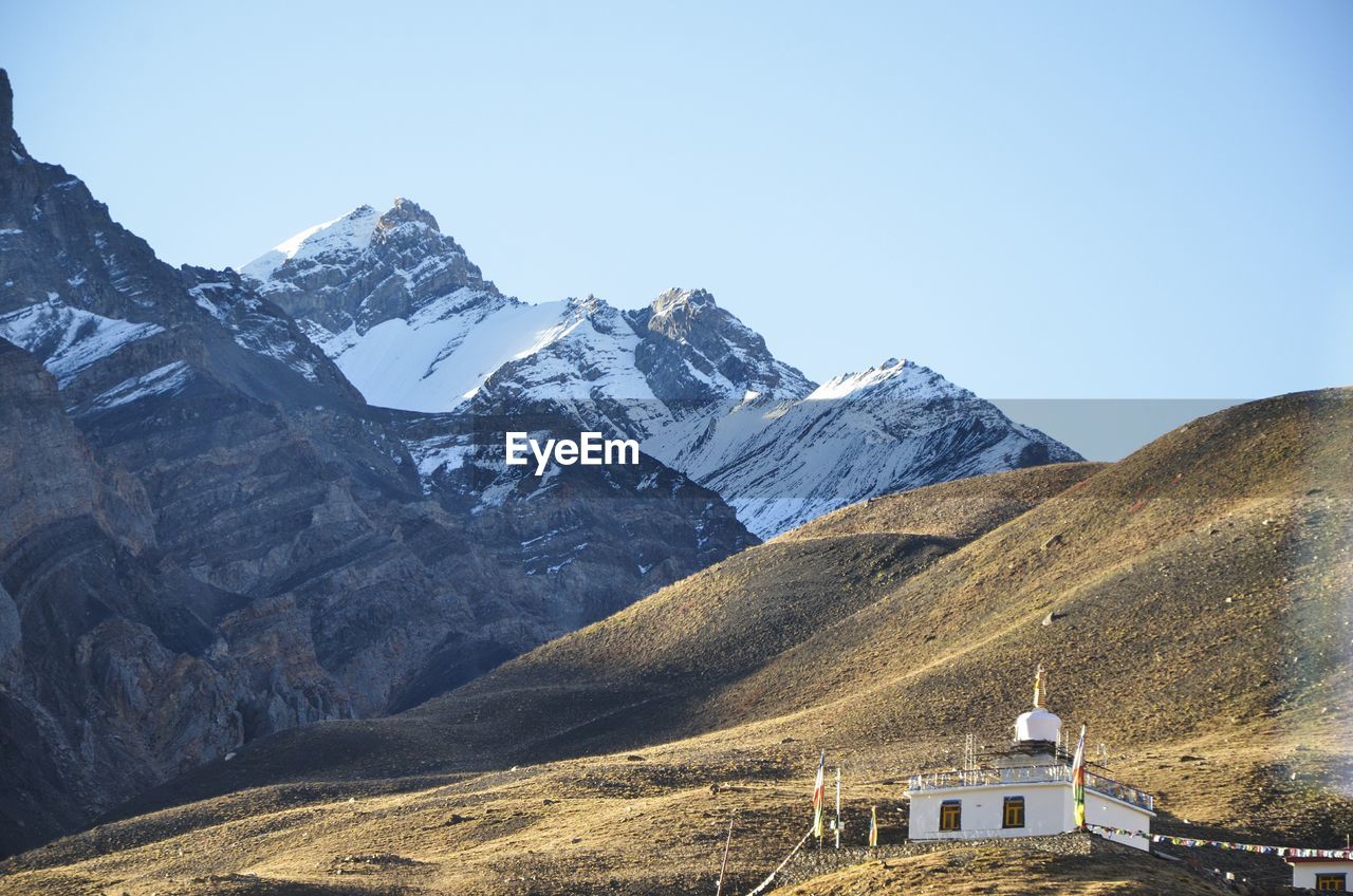 Scenic view of snowcapped mountains against clear sky