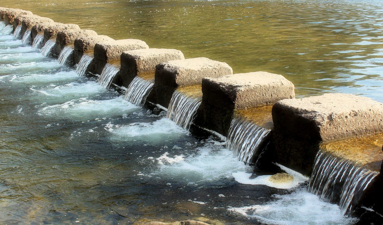 HIGH ANGLE VIEW OF WATER FLOWING IN DAM