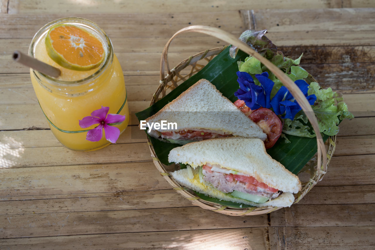 High angle view of breakfast on table