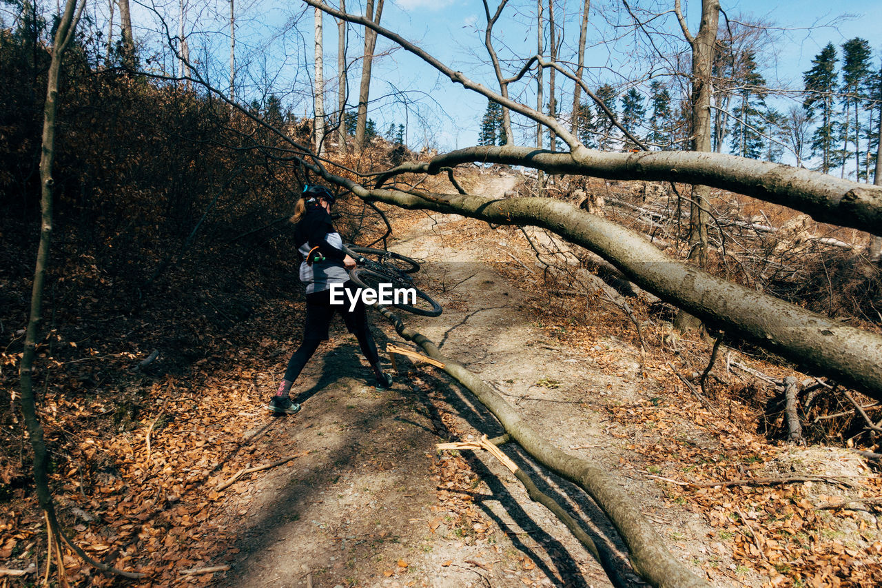 Rear view of woman carrying bicycle at forest