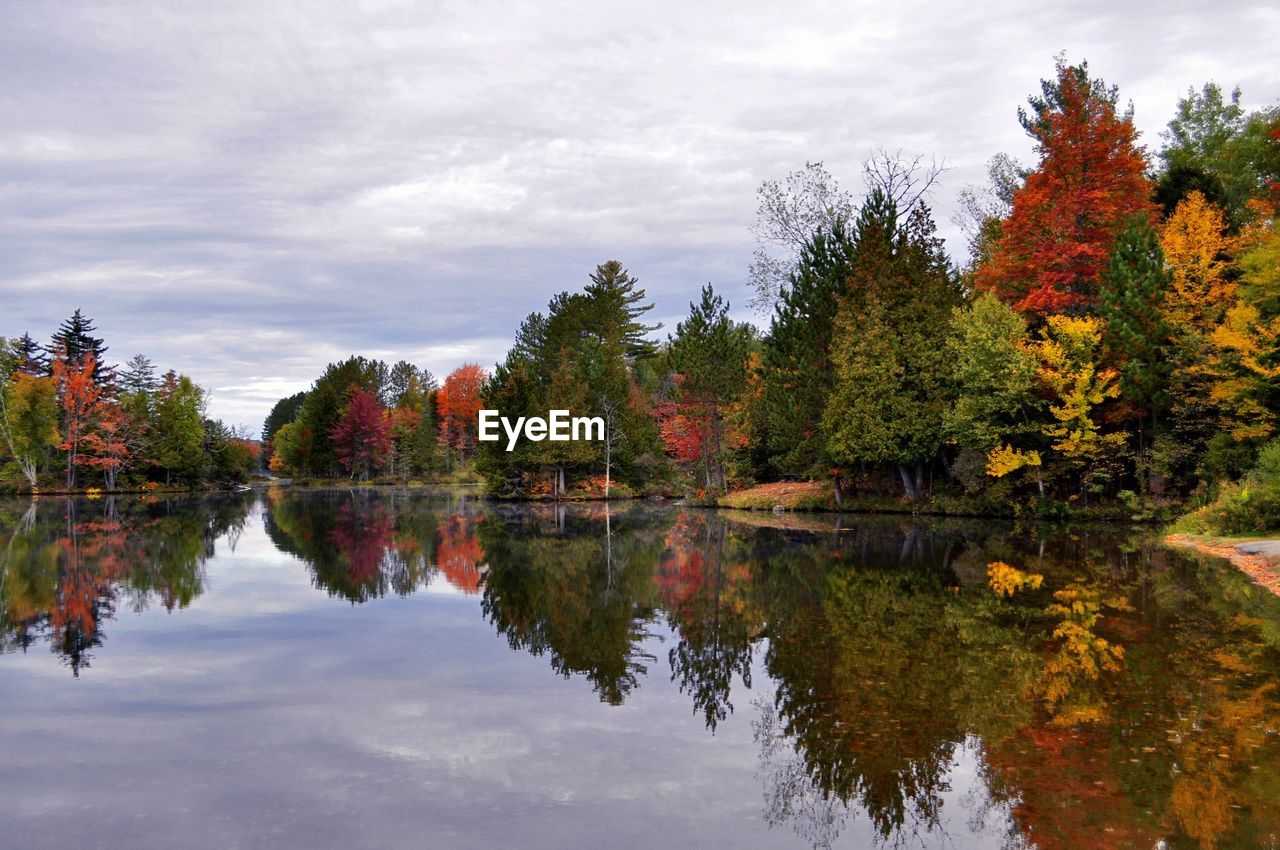 Scenic view of lake by trees against sky during autumn