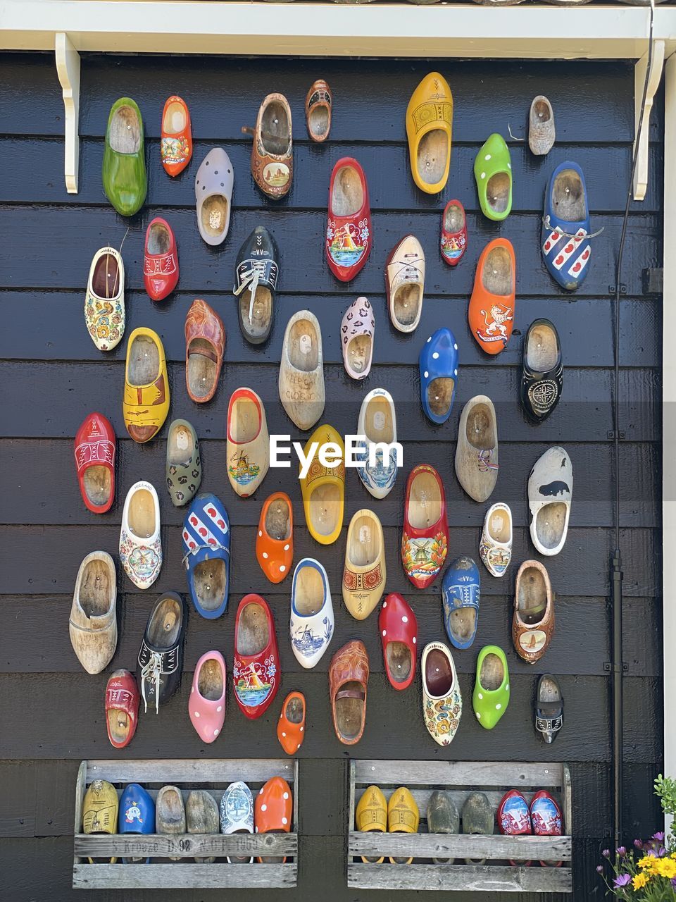 Full frame shot of multi colored netherlands wooden shoes