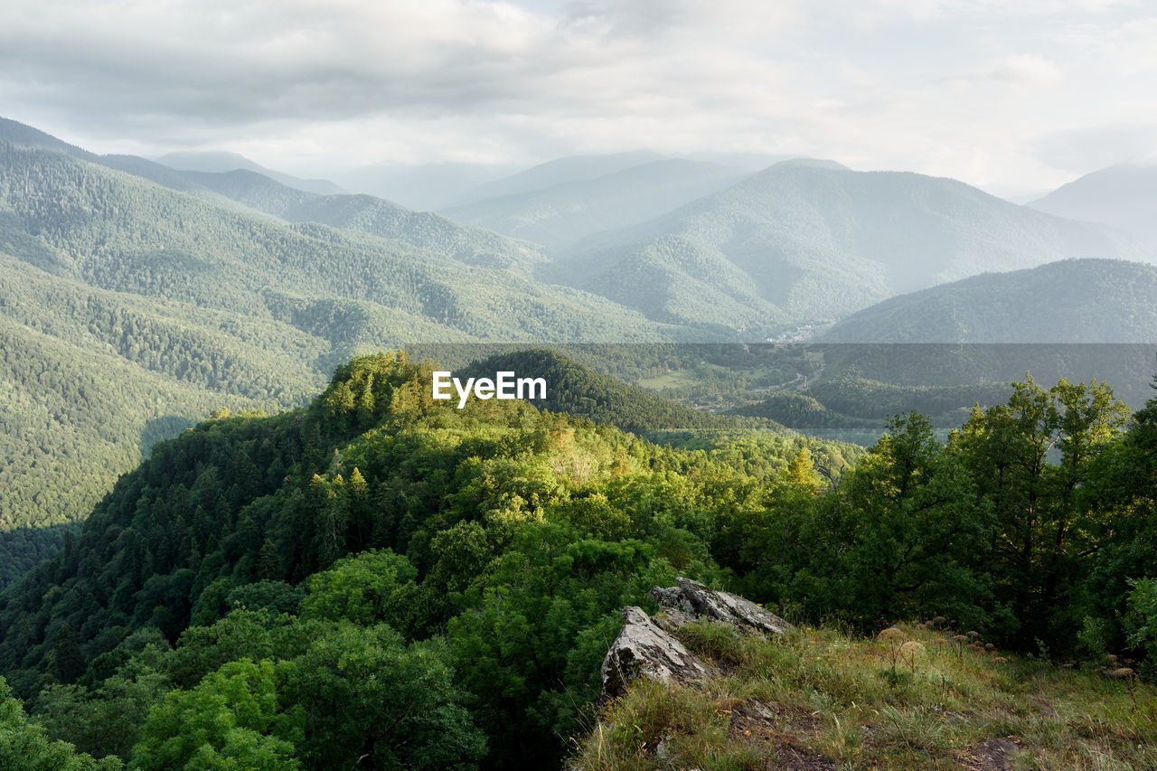 Mountains with a forest in the caucasus mountains, a view from the topto a mountain village