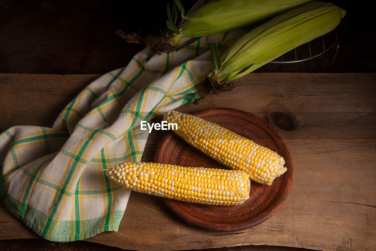 high angle view of corn on table