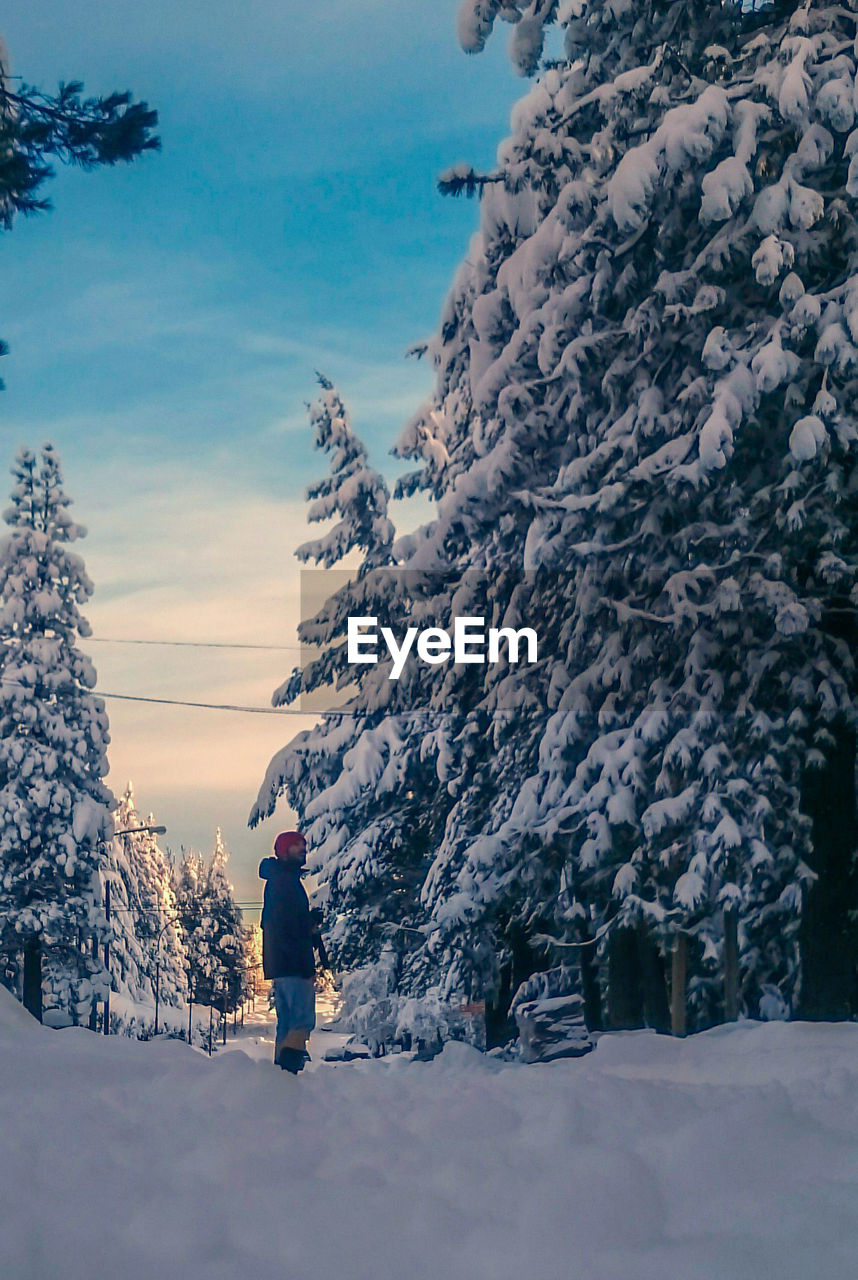 Side view of man standing by frozen trees on snow covered field