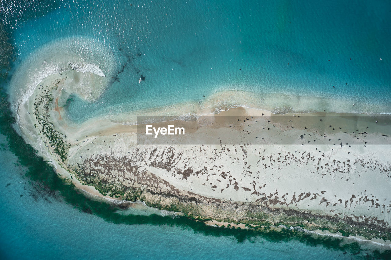 Picturesque drone view of small uninhabited island with sandy coastline and lakes surrounded by turquoise sea water in sunny weather