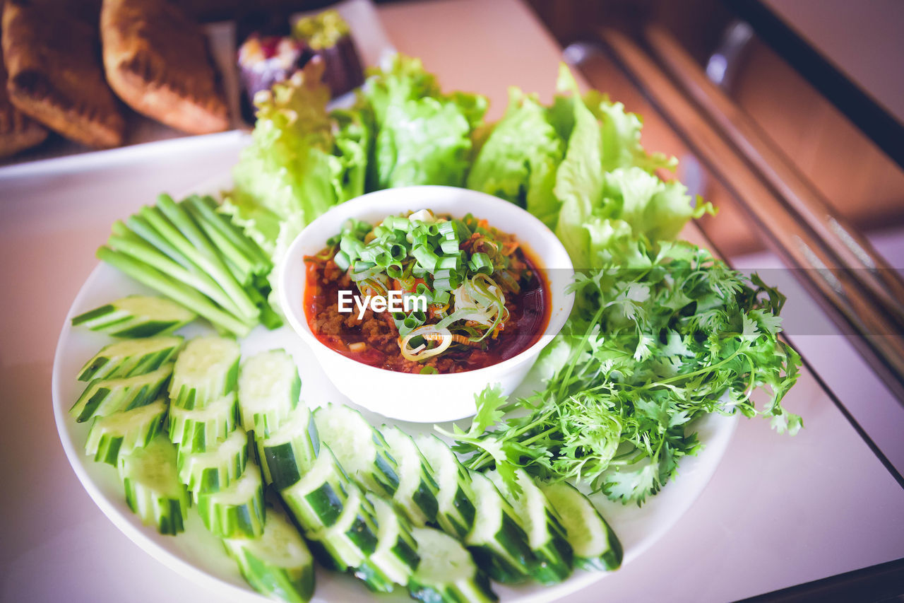 High angle view of meal served in bowl