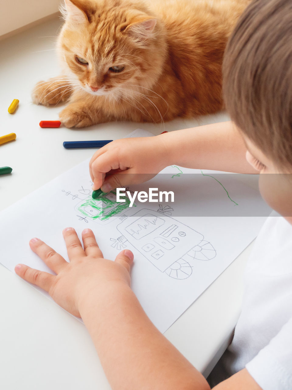 Toddler draws colorful robot. kid uses wax crayons. cute ginger cat on window sill with child. 
