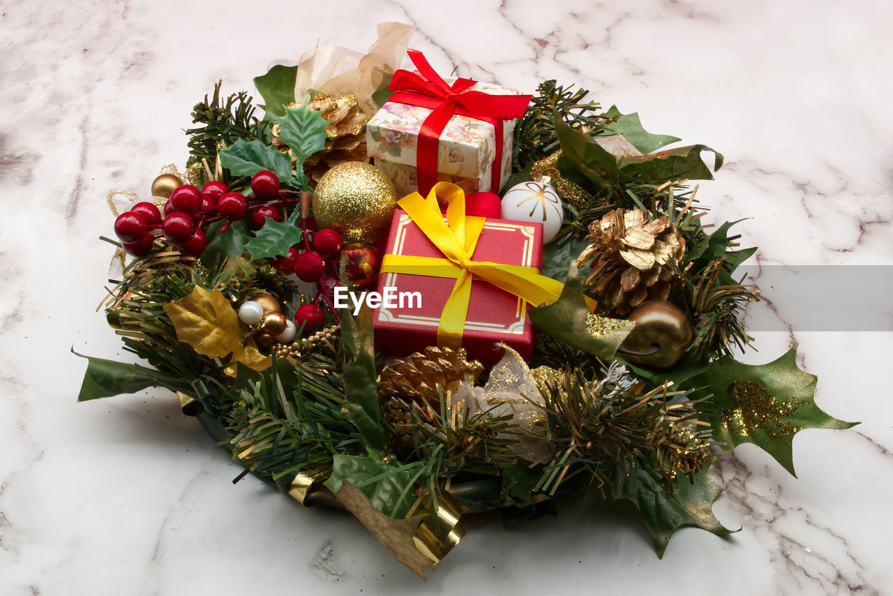 High angle view of christmas decorations on table