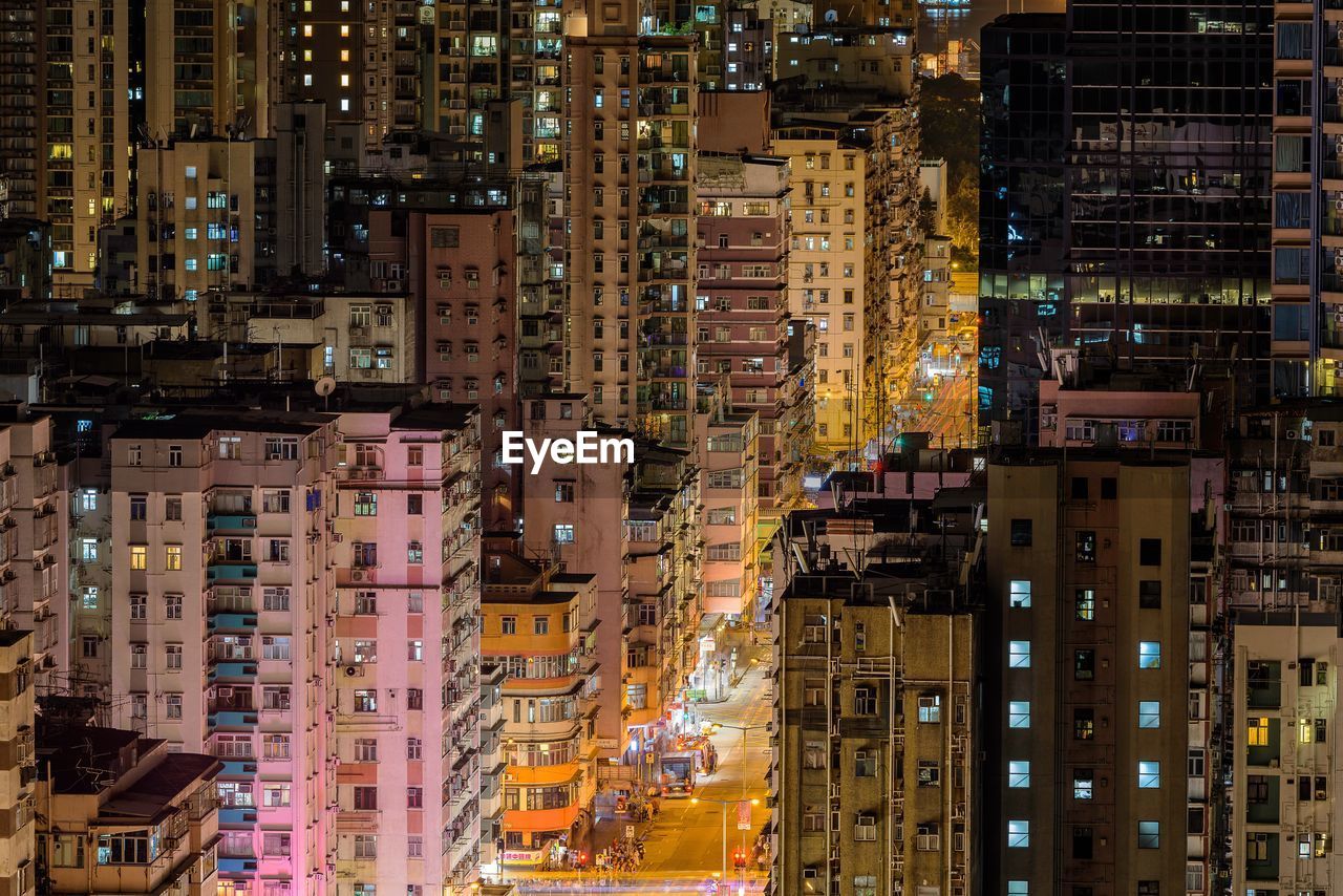 Aerial view of illuminated city at night