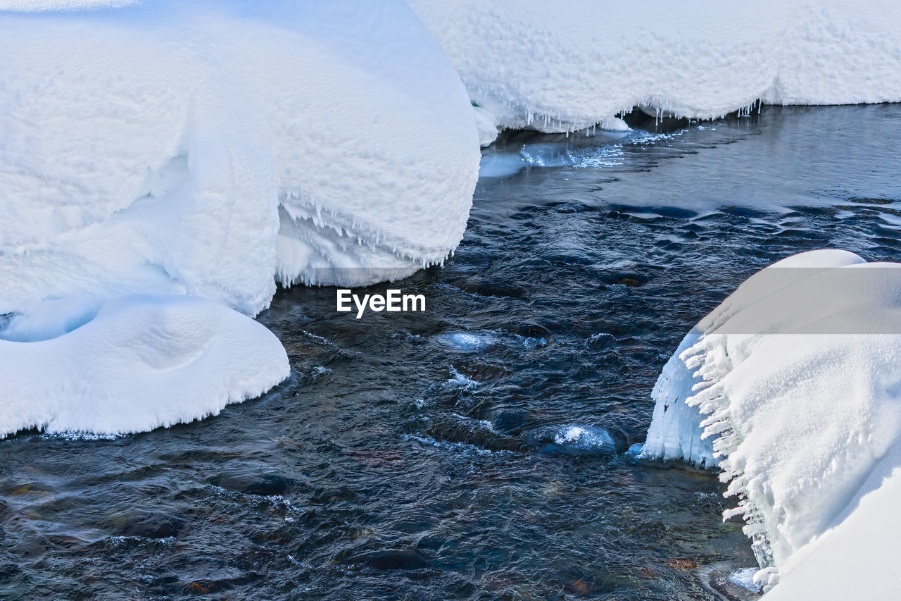 A stormy river passing through the snowdrifts