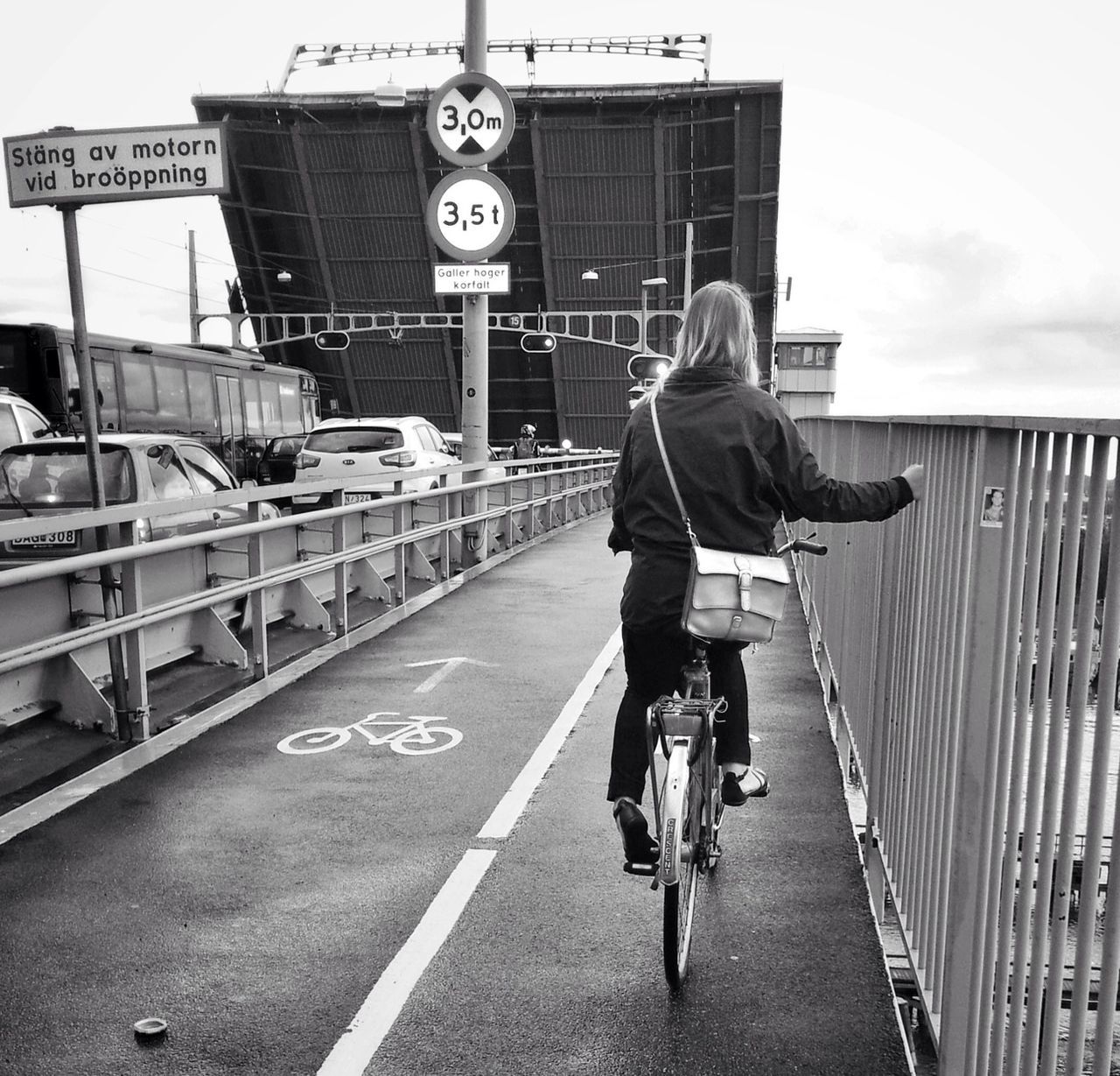 Rear view of woman riding bicycling on road along railings
