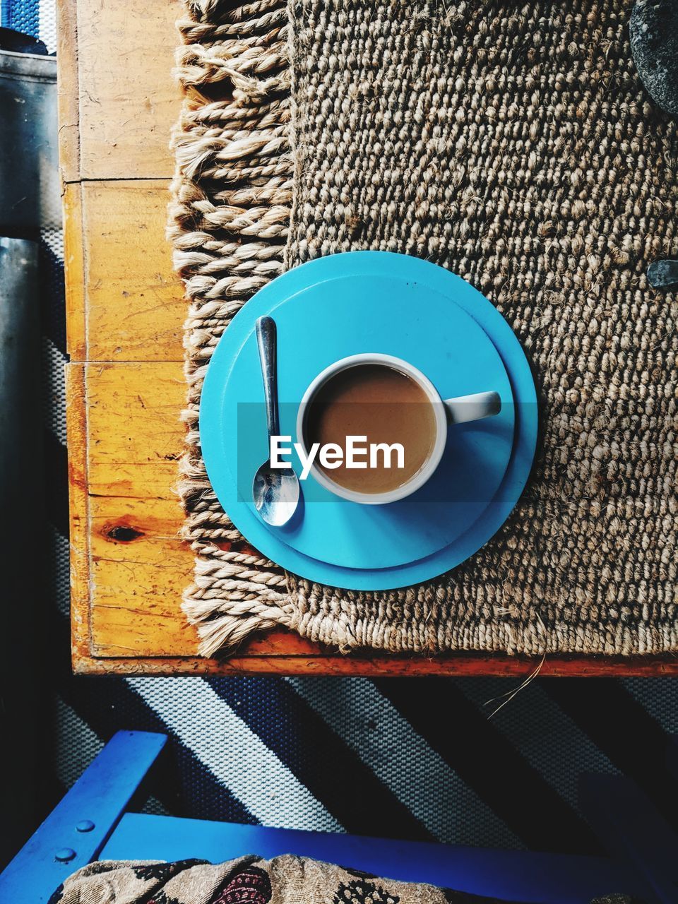 High angle view of coffee cup on table