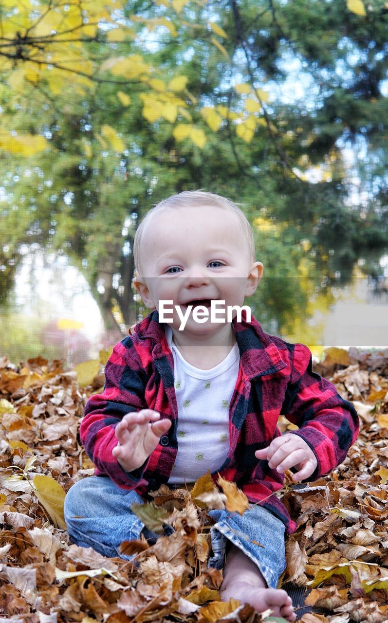 Cute baby boy sitting pile of leaves smiling at camera