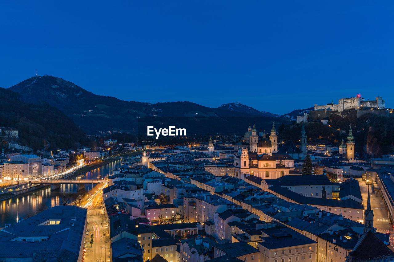 High angle view of salzburg at night