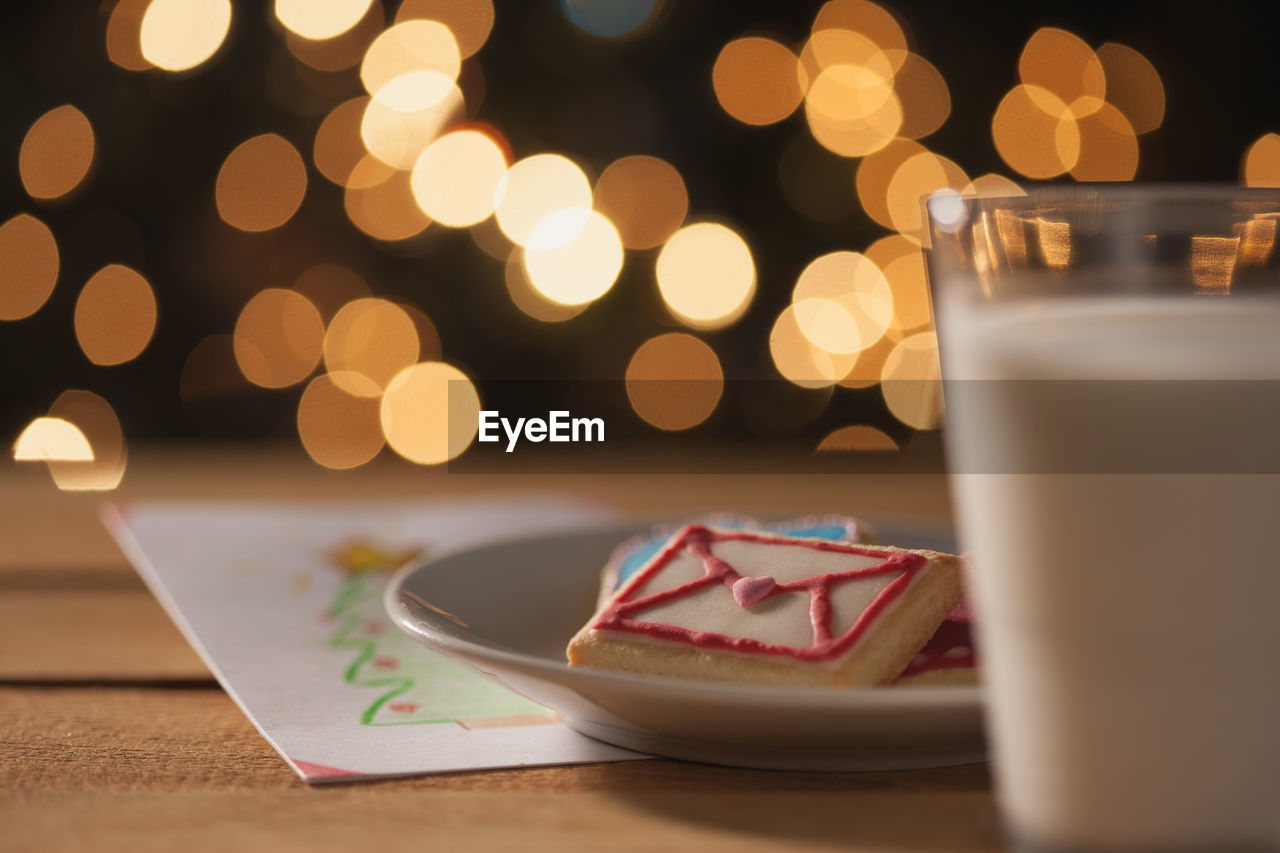 Christmas bokeh lights, milk and cookies, letter to santa