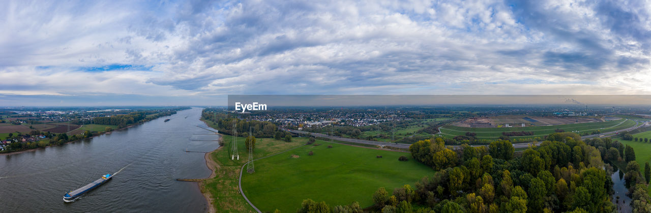 Panoramic view on riverboats on the rhine. aerial photography by drone.
