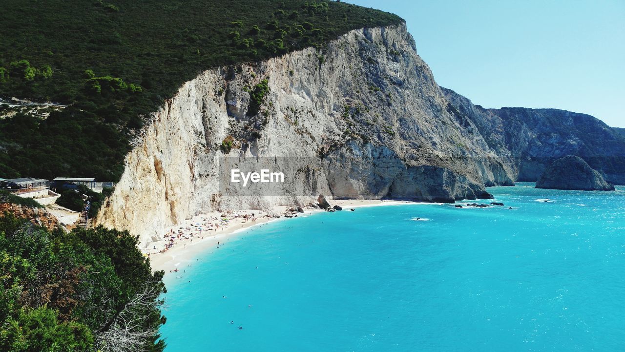 Aerial view of sea and rocky mountains