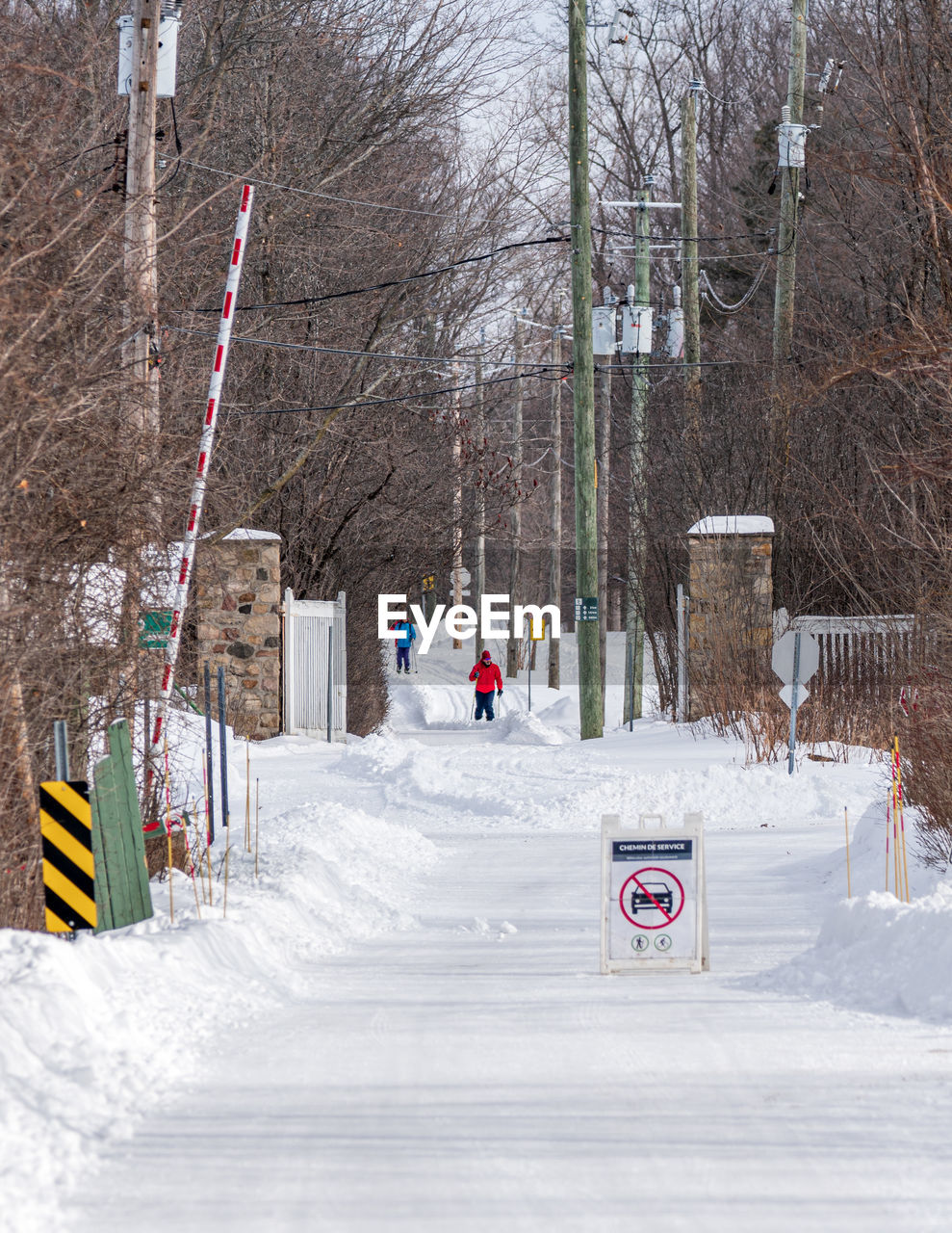 snow, winter, cold temperature, tree, bare tree, nature, plant, nordic skiing, skiing, day, architecture, white, sign, frozen, built structure, piste, outdoors, winter sports, road sign, transportation, communication, building exterior, land, road, ski, sports, city