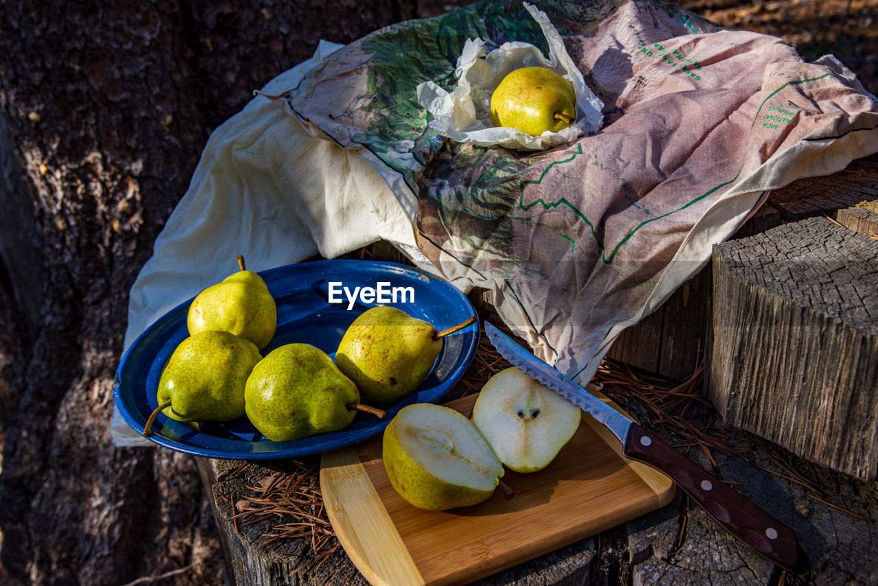 Still life with pears on tree stump in forest morning