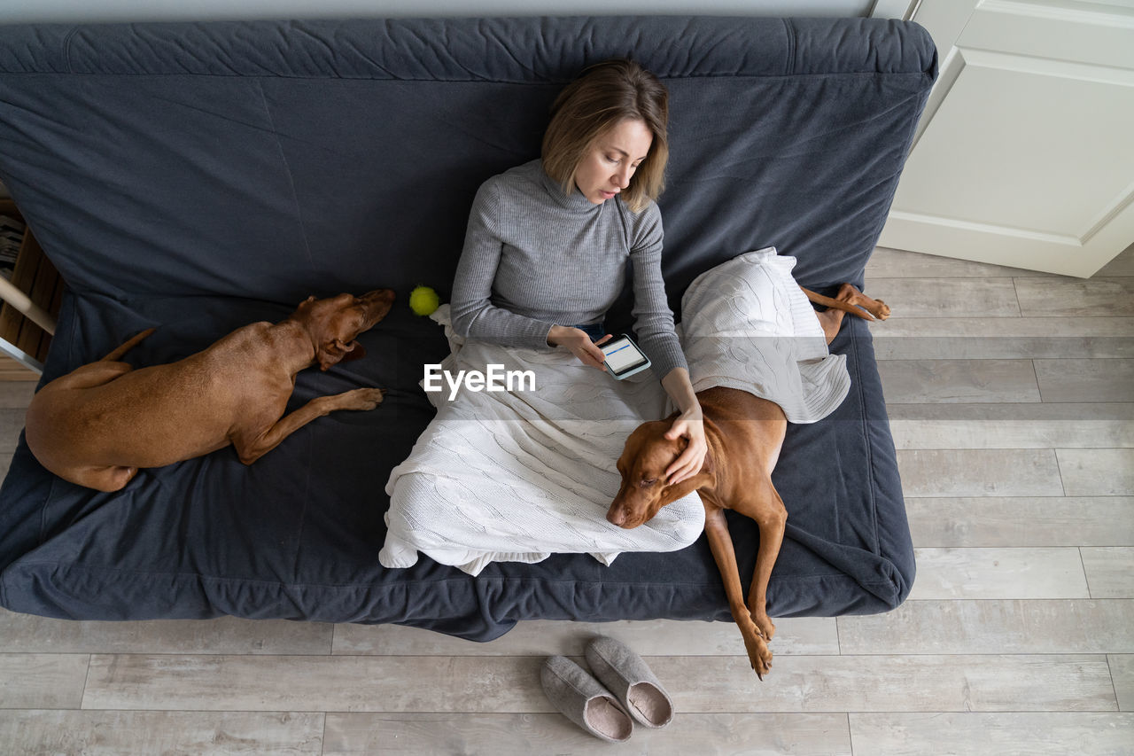High angle view of woman with dog at home