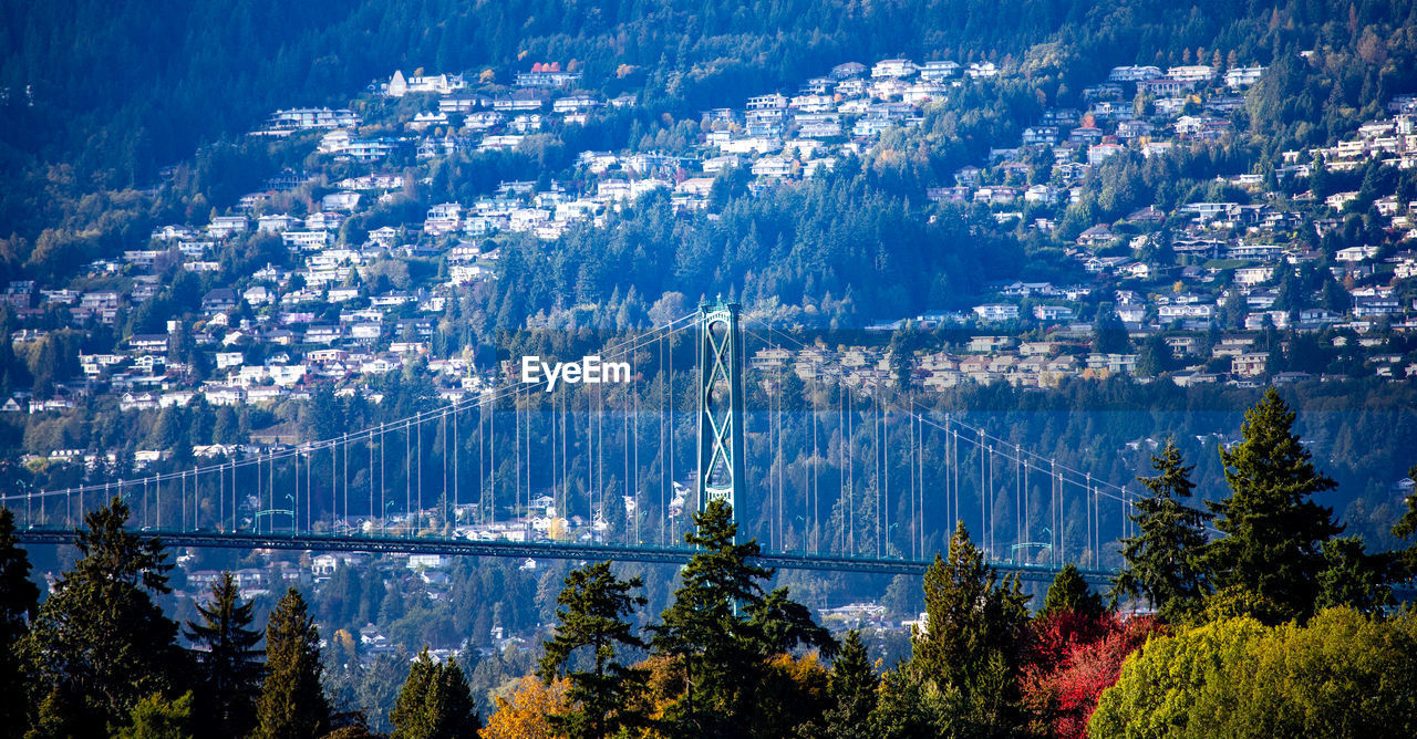 HIGH ANGLE VIEW OF TREES AND CITYSCAPE AGAINST SKY