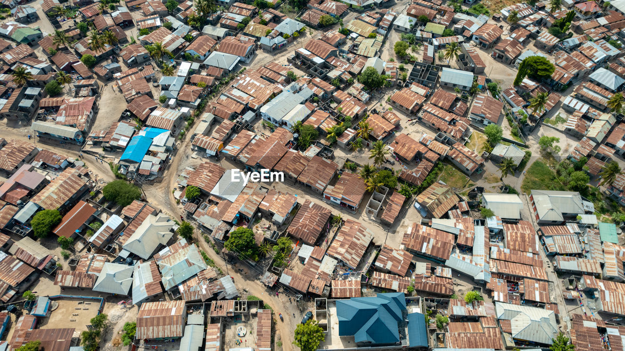 High angle view of buildings in city