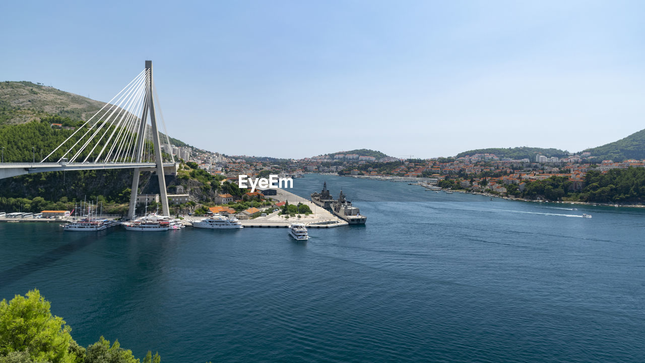 View of suspension bridge over river