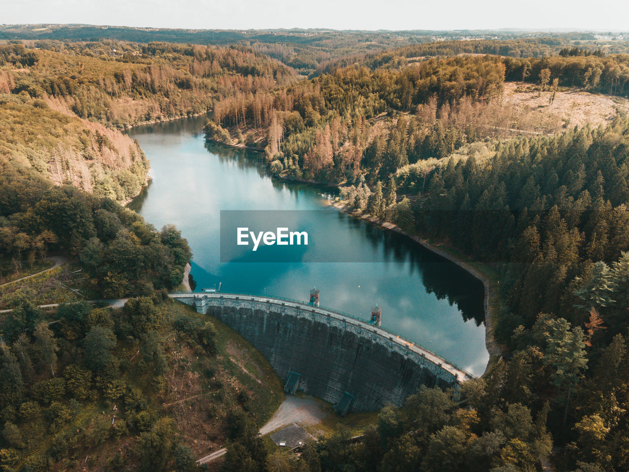 High angle view of river with dam passing through plants 