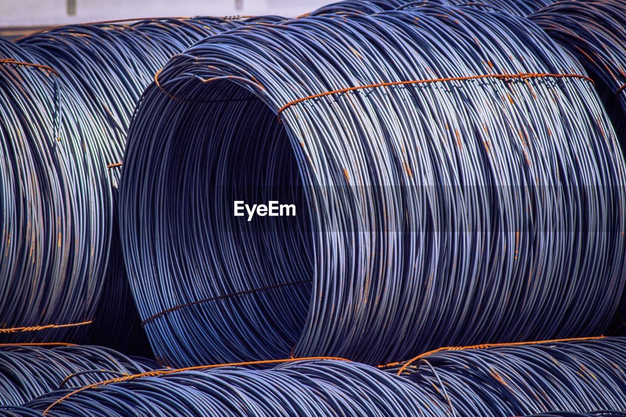 Close-up of steel cables at factory