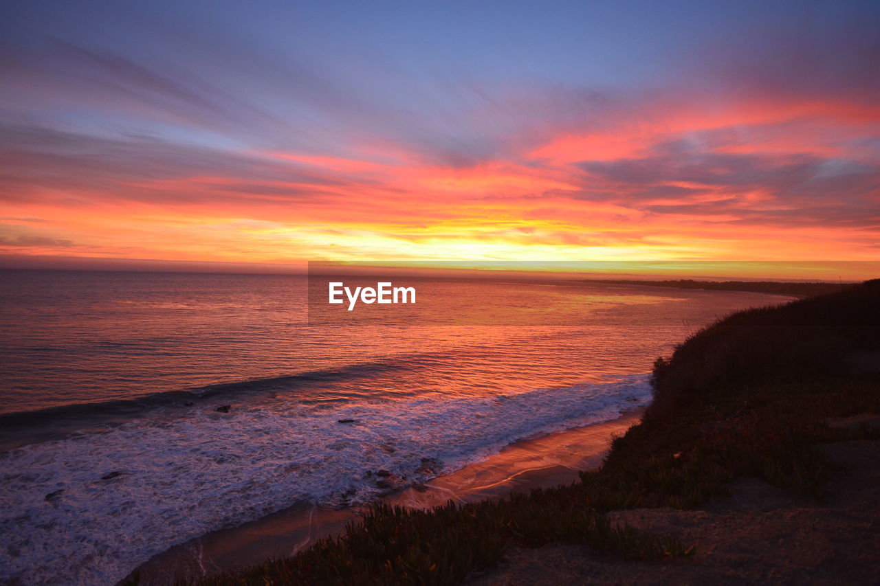 SCENIC VIEW OF BEACH AGAINST SKY DURING SUNSET