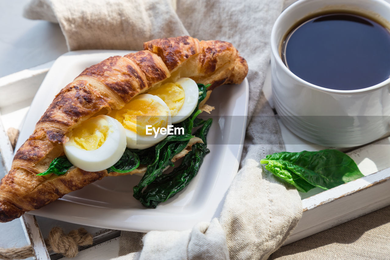 High angle view of breakfast served on table