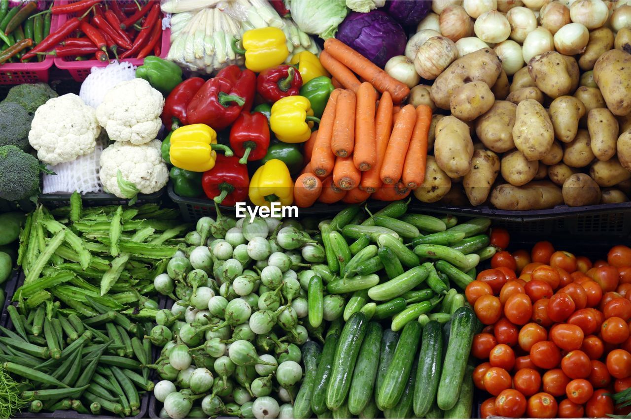 high angle view of various vegetables for sale at market stall