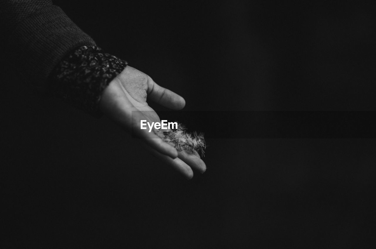 Close-up of hand holding light over black background