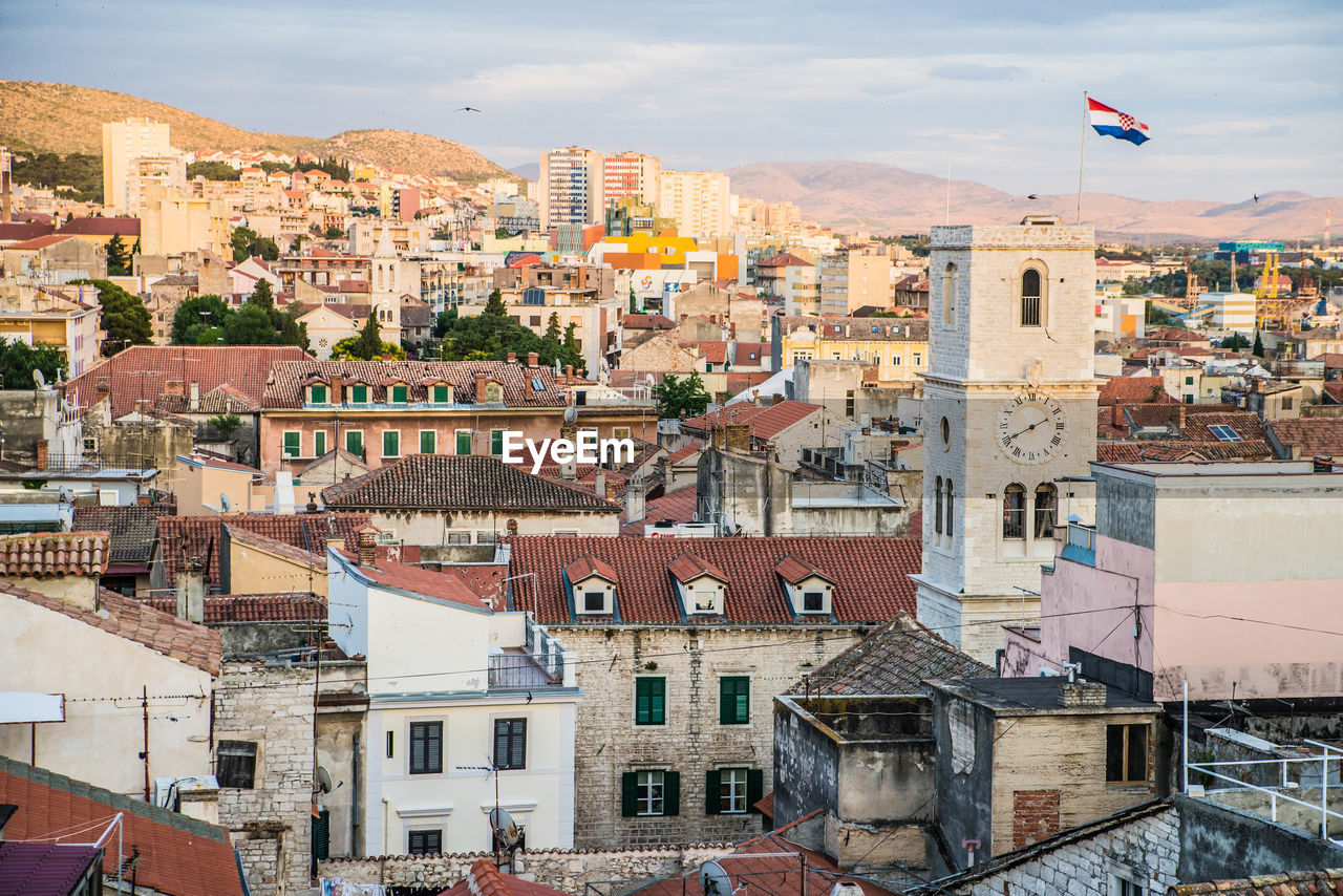 High angle view of buildings in town