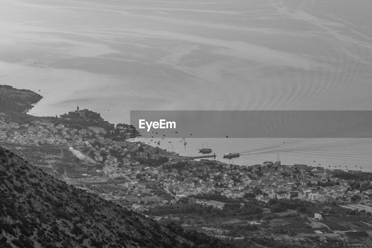 High angle view of land against mountain