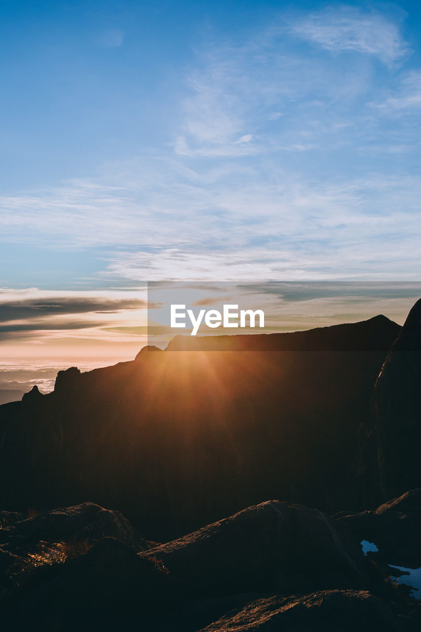 SCENIC VIEW OF MOUNTAIN AGAINST SKY AT SUNSET