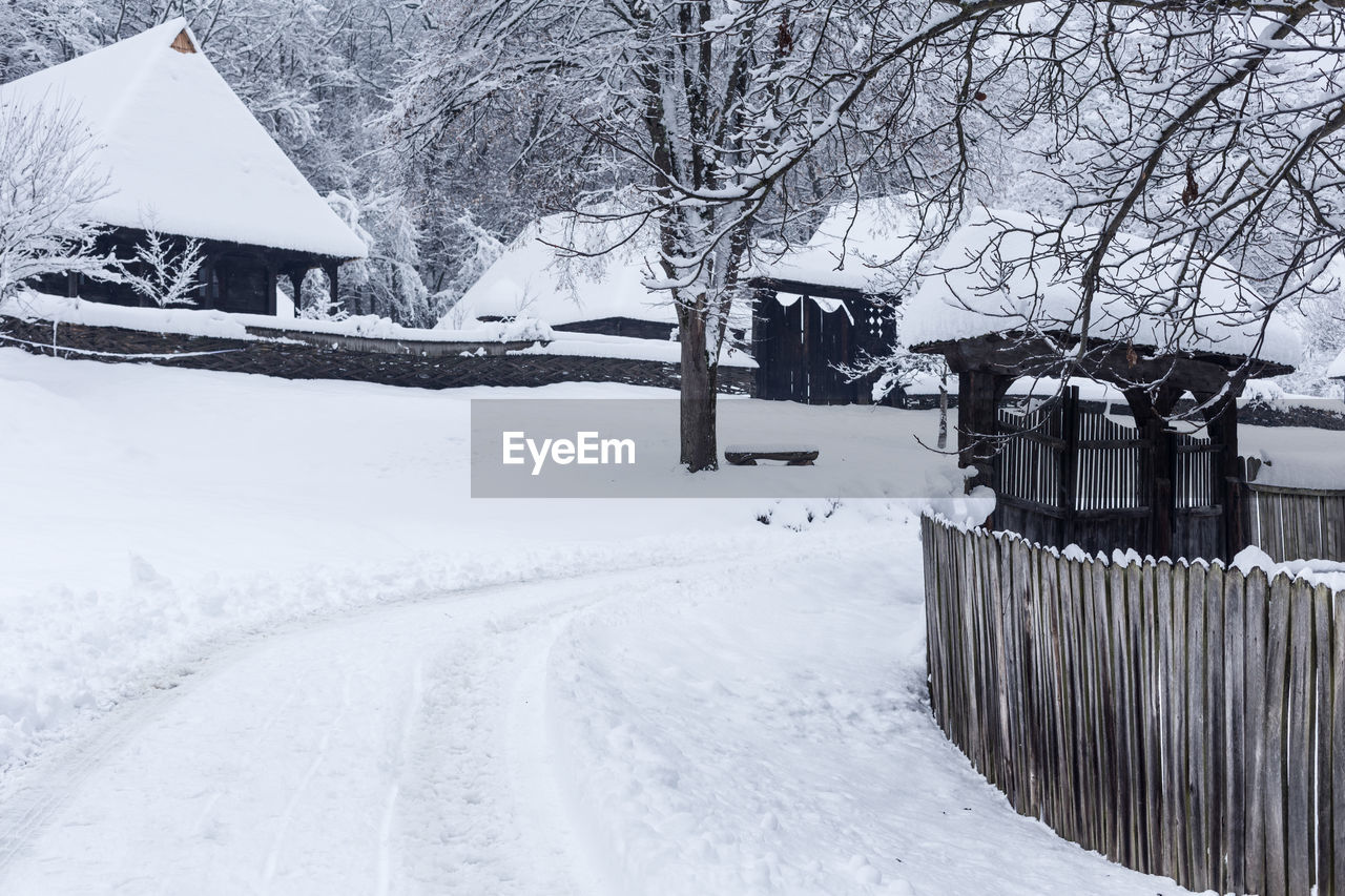 SNOW COVERED BARE TREES AND BUILDINGS