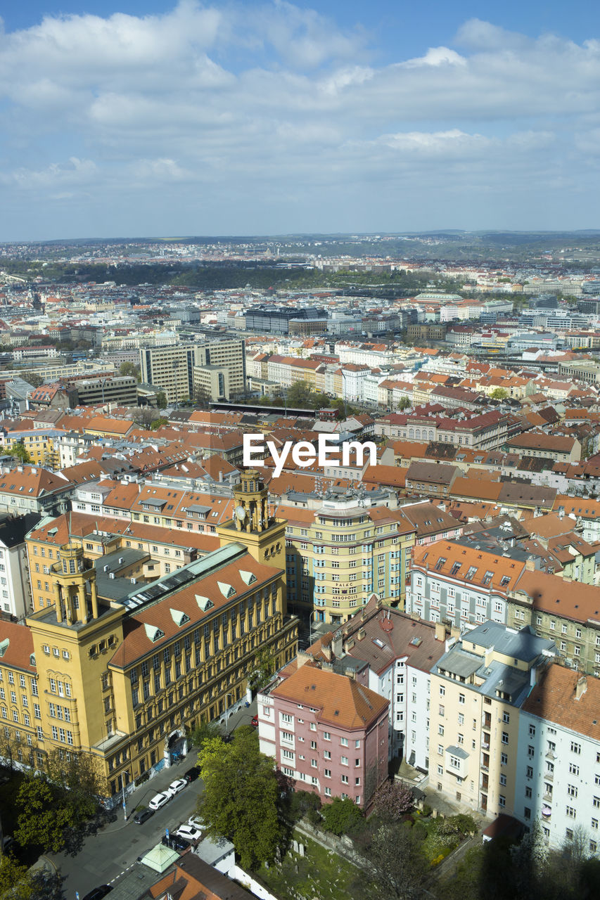 High angle view of prague from zizkov tower,.