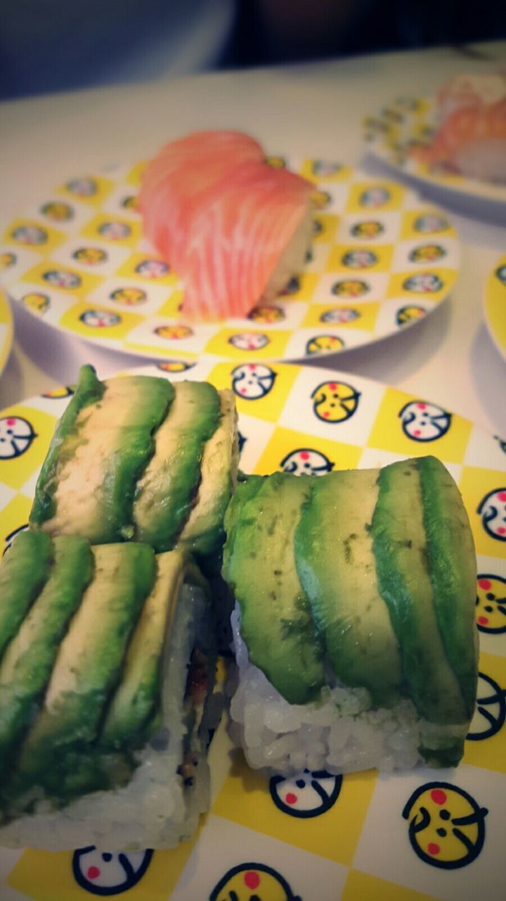 High angle view of sushi with salmon