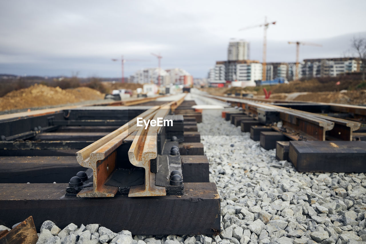 Construction site of railroad track. building of new tram connection in city.