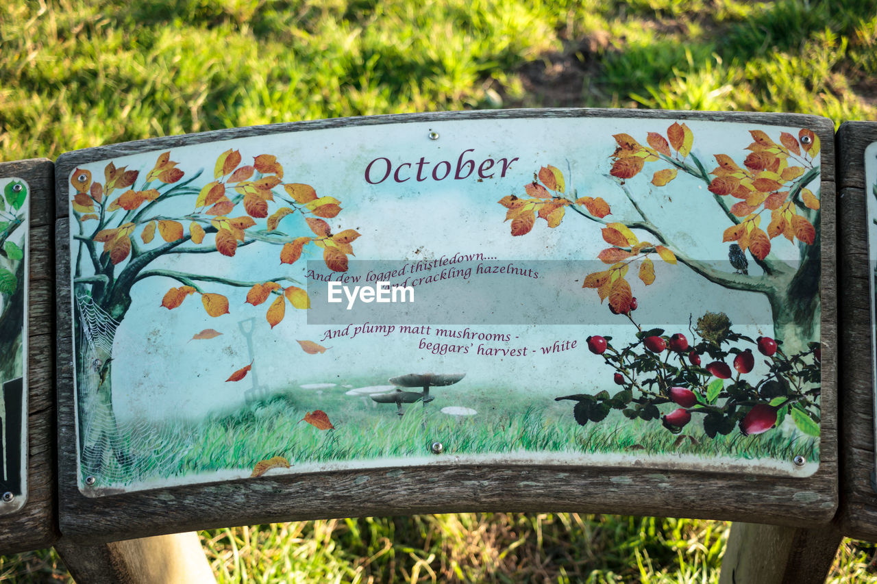 CLOSE-UP OF INFORMATION SIGN ON PLANT IN CEMETERY