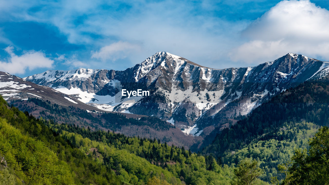 Panoramic view of snowcapped mountains against sky