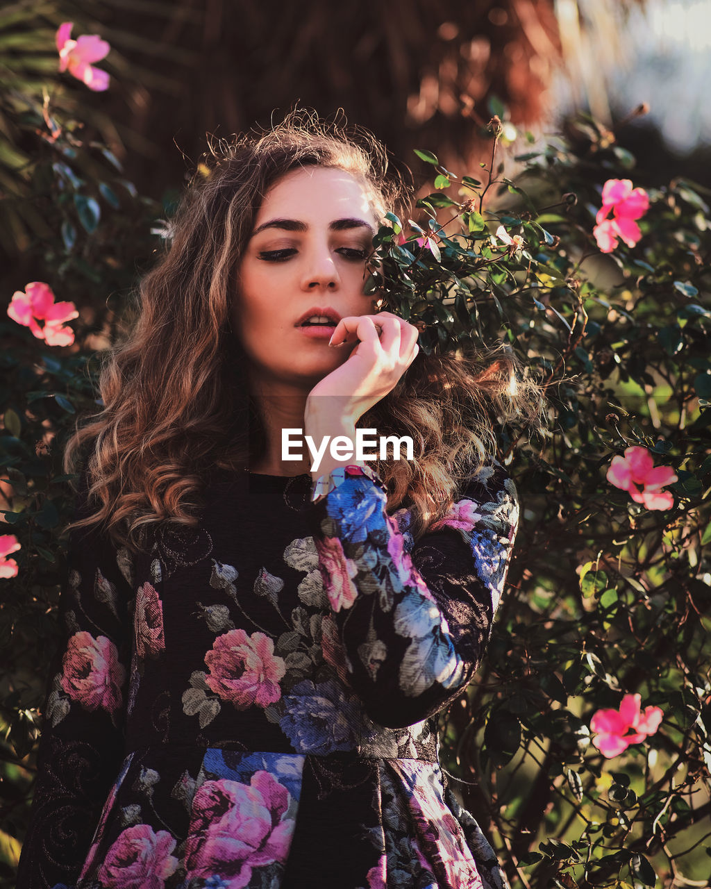 Portrait of beautiful woman with pink flower petals