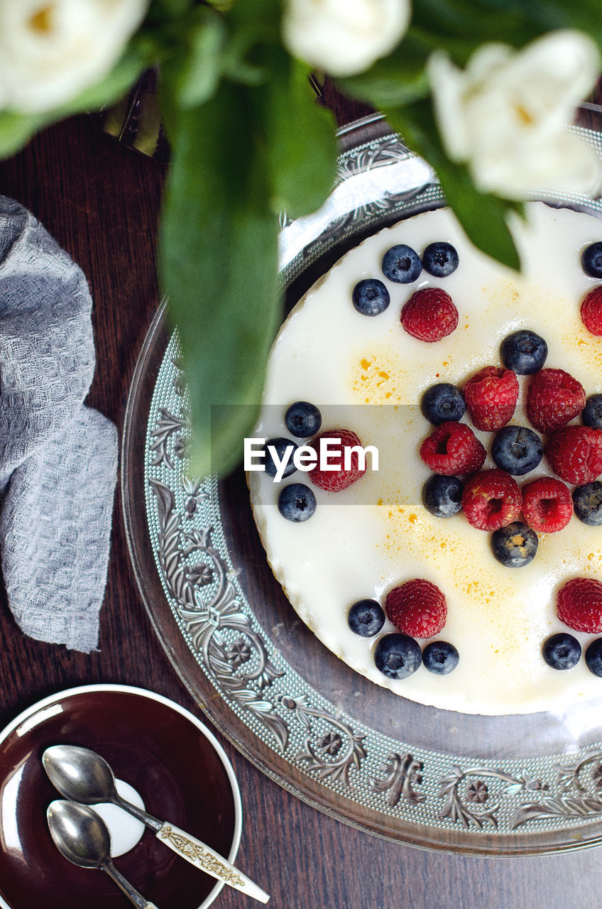 High angle view of dessert on table