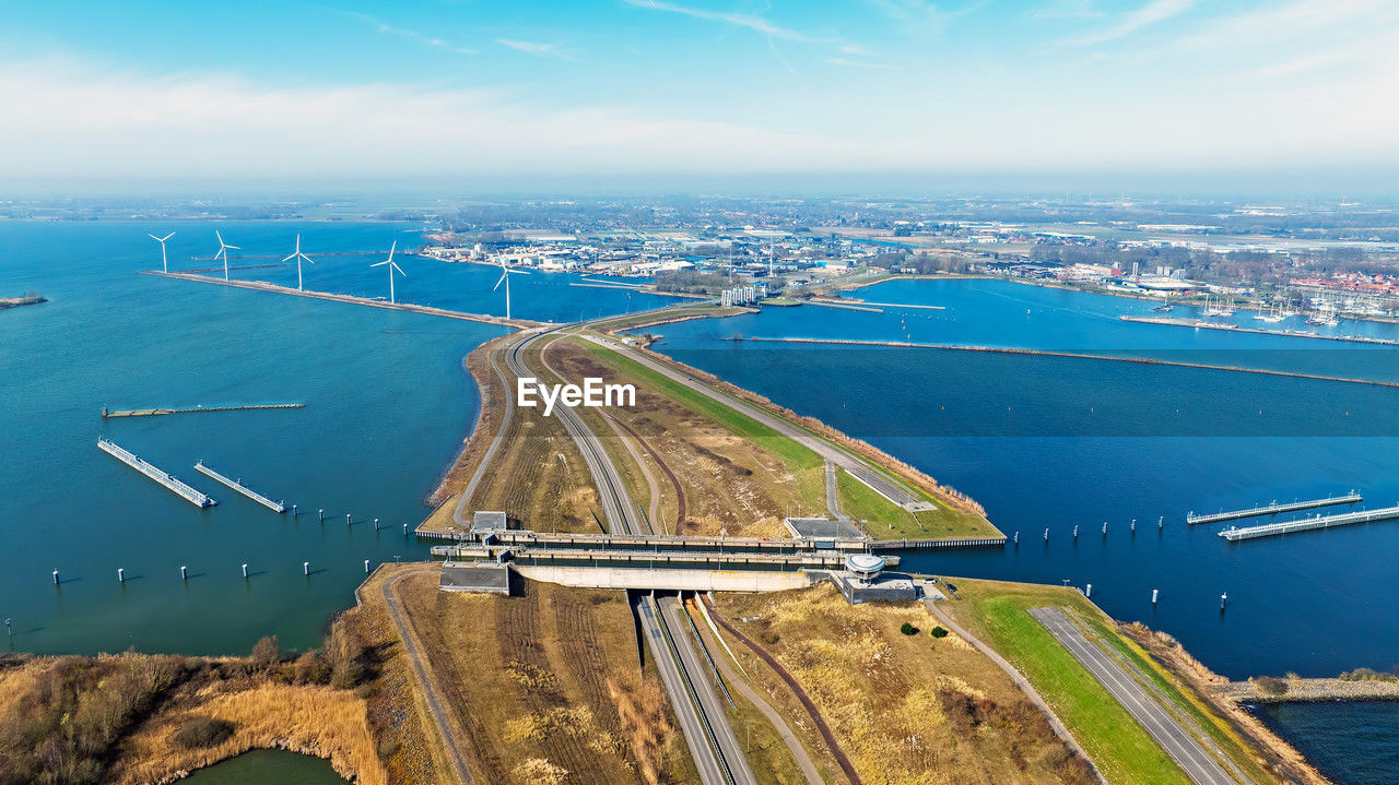 Aerial from naviduct krabbersgat near enkhuizen in the netherlands. the first naviduct in the world.