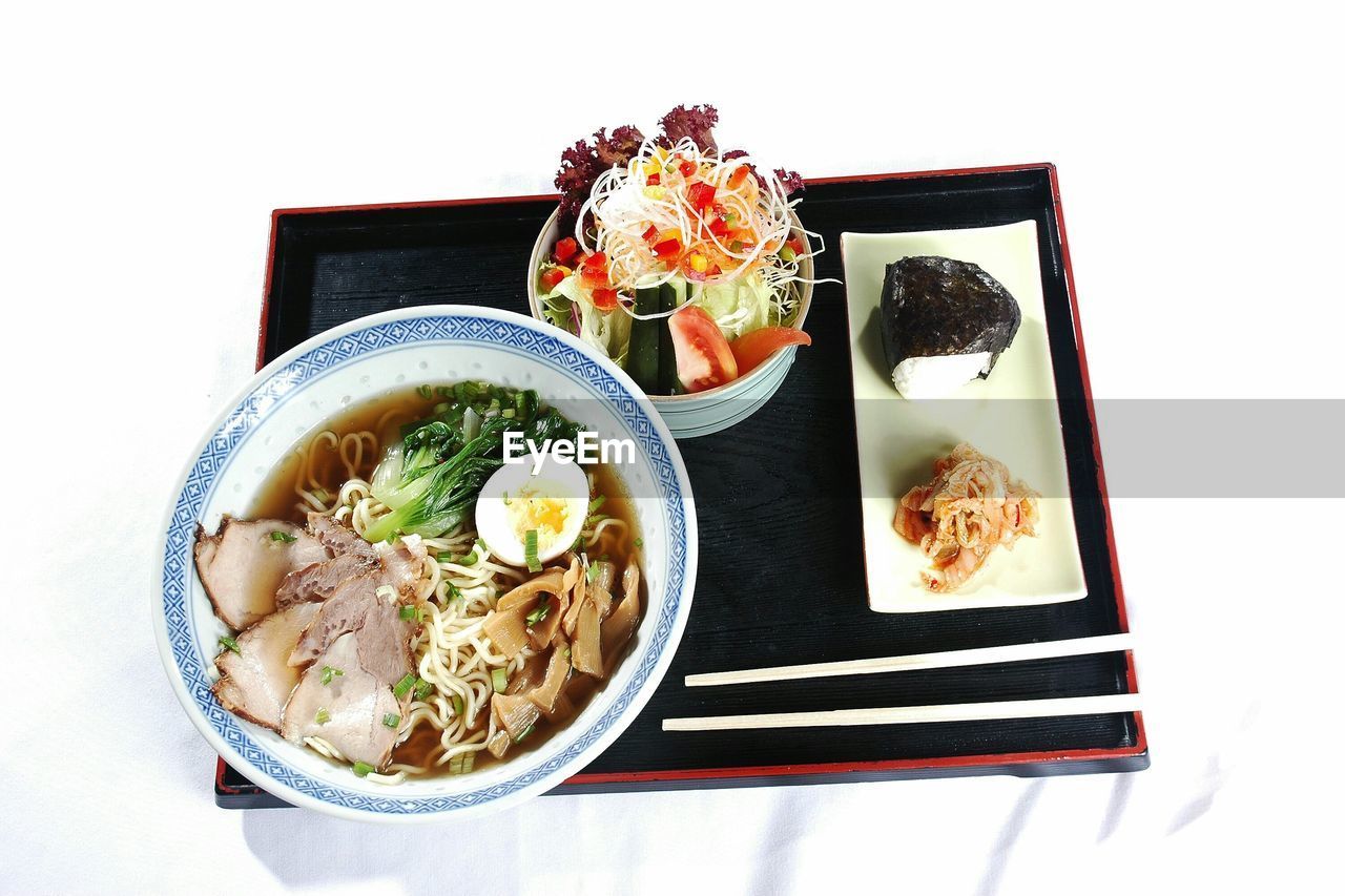 High angle view of food in serving tray on table