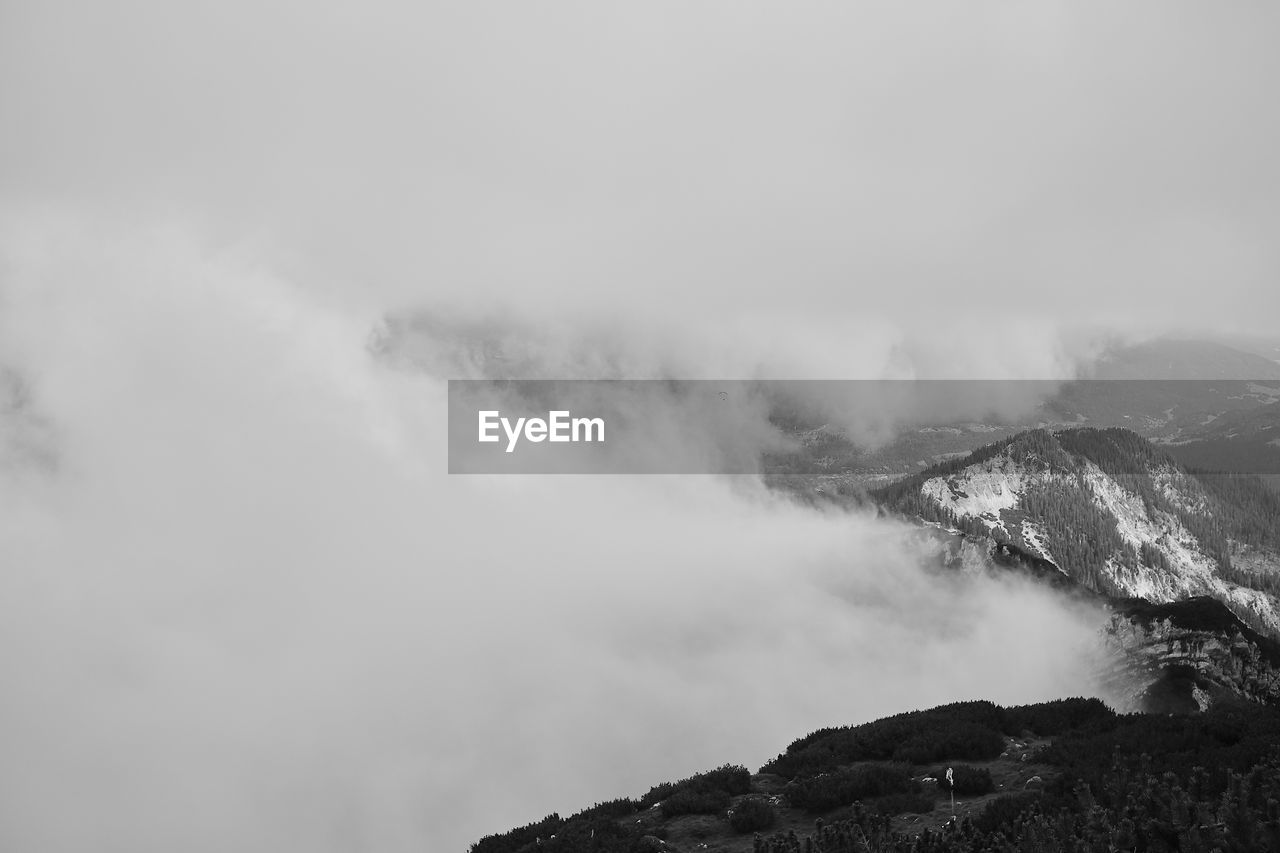 mountain, cloud, environment, fog, sky, scenics - nature, beauty in nature, snow, nature, landscape, black and white, monochrome, land, travel, monochrome photography, no people, mist, rock, mountain range, mountain peak, travel destinations, cold temperature, outdoors, tourism, non-urban scene, forest, winter, tree, tranquility, overcast, day, plant, pinaceae, trip