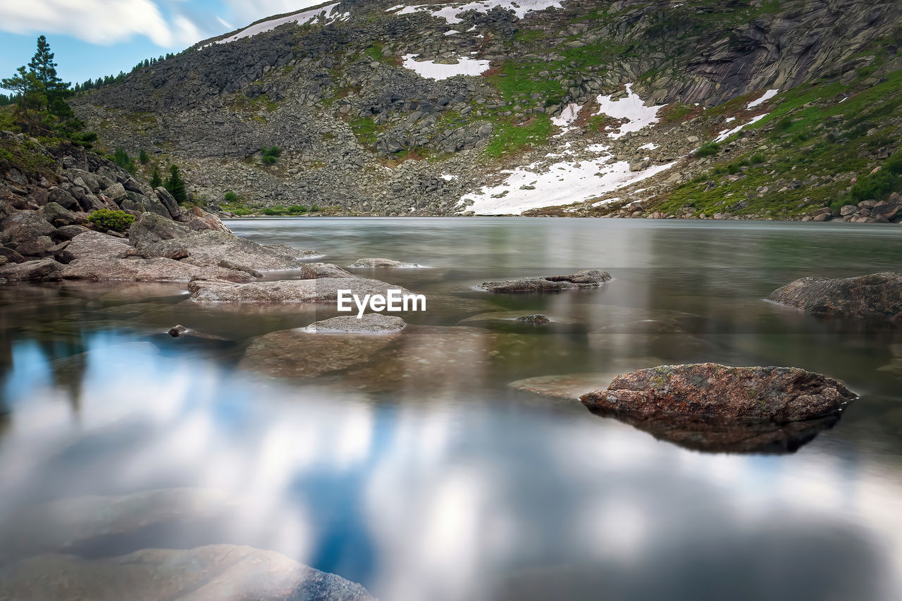 scenic view of lake by mountain against sky